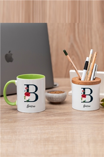 Baş Harfli ve İsimli Renkli Kupa Bardak ve Kalemlik