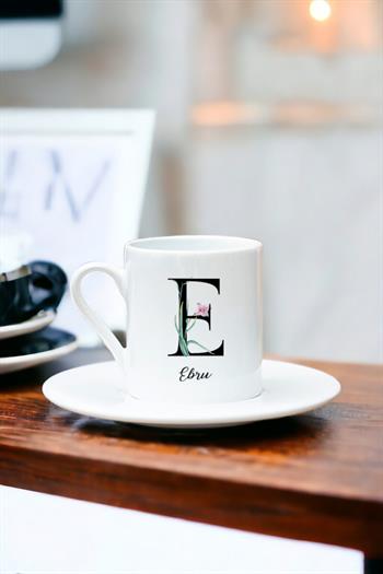 Baş Harfli Yaprak Tasarım Beyaz Türk Kahvesi Fincanı