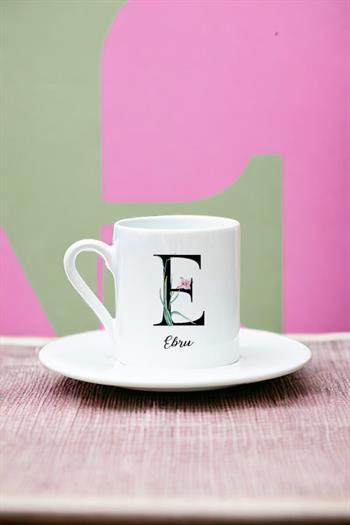 Baş Harfli Yaprak Tasarım Beyaz Türk Kahvesi Fincanı