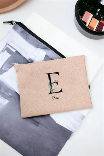Baş Harfli Yaprak Tasarım Keten Bez El Çantası