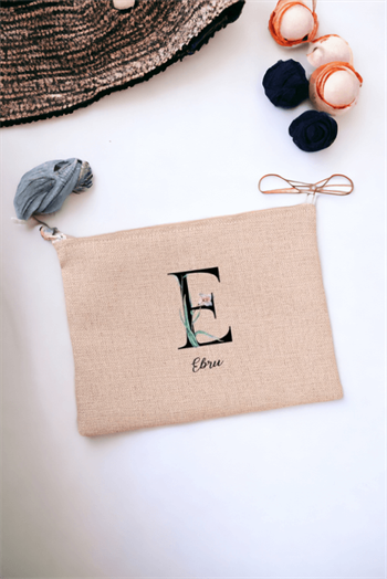 Baş Harfli Yaprak Tasarım Keten Bez El Çantası