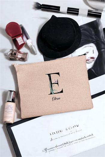 Baş Harfli Yaprak Tasarım Keten Bez El Çantası