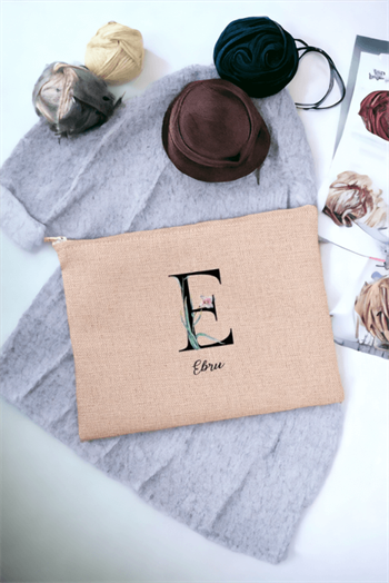Baş Harfli Yaprak Tasarım Keten Bez El Çantası