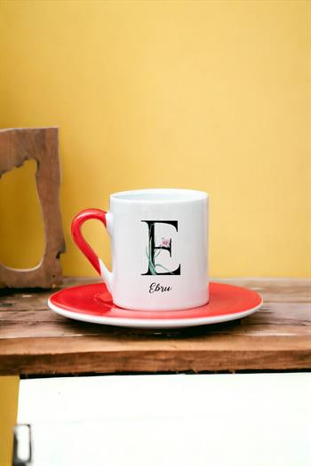 Baş Harfli Yaprak Tasarım Renkli Türk Kahvesi Fincanı