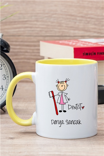 Bayan Diş Hekimi Karikatürü İçi Renkli Kupa Bardak