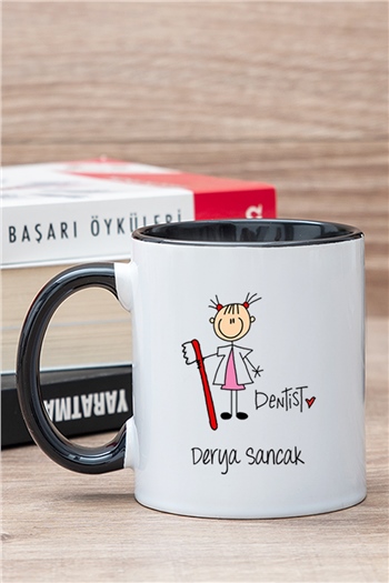 Bayan Diş Hekimi Karikatürü İçi Renkli Kupa Bardak