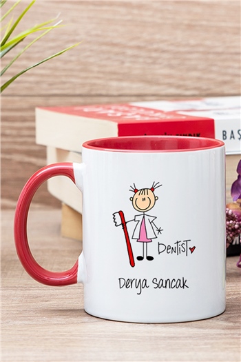 Bayan Diş Hekimi Karikatürü İçi Renkli Kupa Bardak