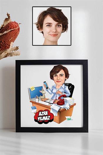 Bayan Muhasebeciye Hediye Karikatürlü Kare Çerçeve