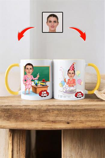 Bayan Öğretmene Doğum Günü Hediyesi Karikatürlü Kupa Bardak