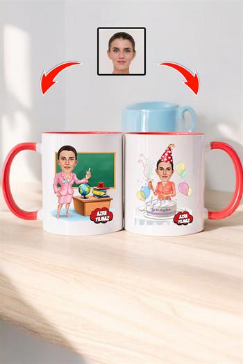 Bayan Öğretmene Doğum Günü Hediyesi Karikatürlü Kupa Bardak