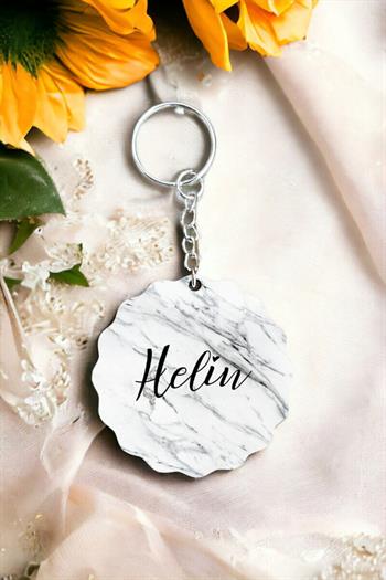 Beyaz Mermer Tasarım Arkaplanlı İsme Özel Anahtarlık