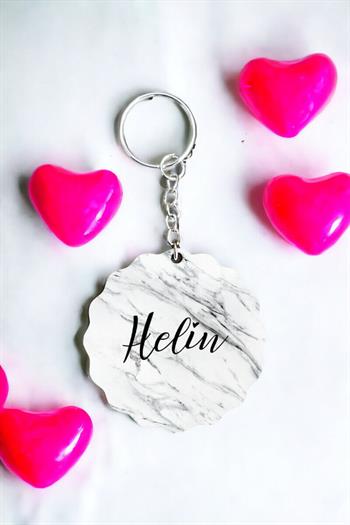 Beyaz Mermer Tasarım Arkaplanlı İsme Özel Anahtarlık