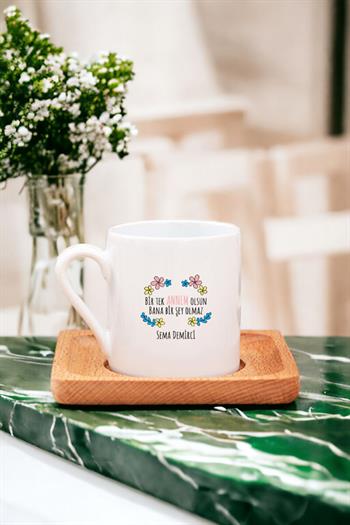 Bi Tek Annem Olsun Ahşap Altlıklı Türk Kahvesi Fincanı