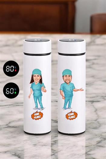 Cerraha Hediye Karikatürlü Dijital Sıcaklık Göstergeli Çelik Termos