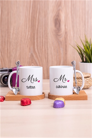 Çiftlere Özel Ahşap Altlıklı İkili Beyaz Kupa Bardak