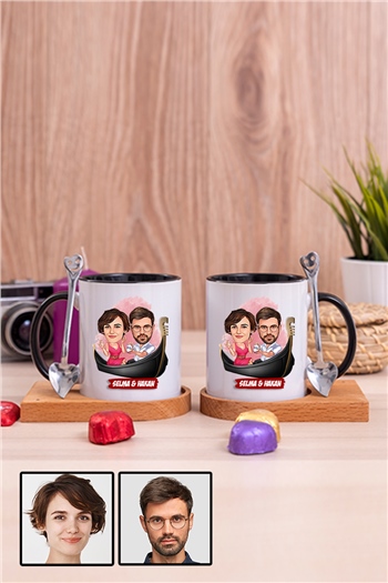 Çiftlere Özel Hediye Tek Taş Yüzük Temalı Karikatürlü İkili Ahşap Altlıklı İçi Renkli Kupa Bardak