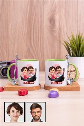 Çiftlere Özel Hediye Tek Taş Yüzük Temalı Karikatürlü İkili Ahşap Altlıklı İçi Renkli Kupa Bardak