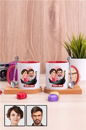 Çiftlere Özel Hediye Tek Taş Yüzük Temalı Karikatürlü İkili Ahşap Altlıklı İçi Renkli Kupa Bardak