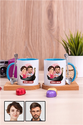 Çiftlere Özel Hediye Tek Taş Yüzük Temalı Karikatürlü İkili Ahşap Altlıklı İçi Renkli Kupa Bardak