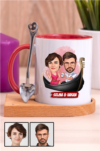 Çiftlere Özel Hediye Tek Taş Yüzük Temalı Karikatürlü Ahşap Altlıklı İçi Renkli Kupa Bardak