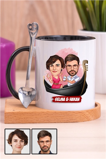 Çiftlere Özel Hediye Tek Taş Yüzük Temalı Karikatürlü Ahşap Altlıklı İçi Renkli Kupa Bardak