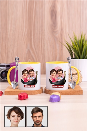 Çiftlere Özel Hediye Tek Taş Yüzük Temalı Karikatürlü İkili Ahşap Altlıklı İçi Renkli Kupa Bardak