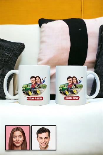 Çiftlere Özel Hediye Traktör Temalı Karikatürlü İkili Beyaz Kupa Bardak