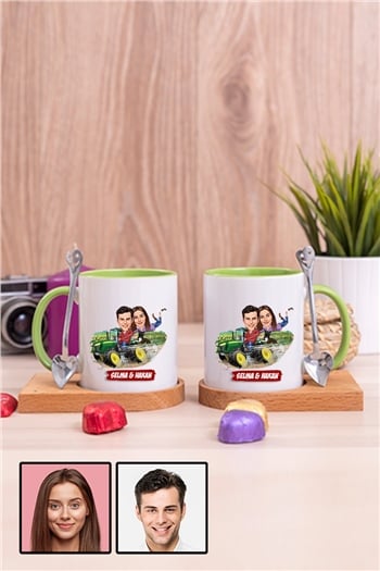 Çiftlere Özel Hediye Traktör Temalı Karikatürlü İkili Ahşap Altlıklı İçi Renkli Kupa Bardak