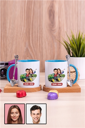 Çiftlere Özel Hediye Traktör Temalı Karikatürlü İkili Ahşap Altlıklı İçi Renkli Kupa Bardak