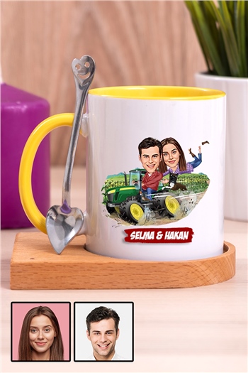 Çiftlere Özel Hediye Traktör Temalı Karikatürlü Ahşap Altlıklı İçi Renkli Kupa Bardak