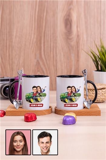 Çiftlere Özel Hediye Traktör Temalı Karikatürlü İkili Ahşap Altlıklı İçi Renkli Kupa Bardak