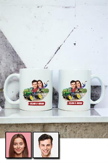 Çiftlere Özel Hediye Traktör Temalı Karikatürlü İkili Beyaz Kupa Bardak