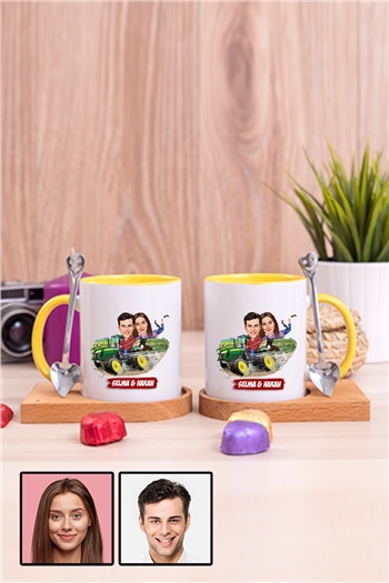 Çiftlere Özel Hediye Traktör Temalı Karikatürlü İkili Ahşap Altlıklı İçi Renkli Kupa Bardak