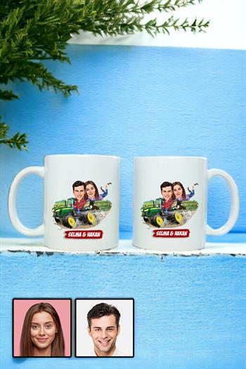 Çiftlere Özel Hediye Traktör Temalı Karikatürlü İkili Beyaz Kupa Bardak