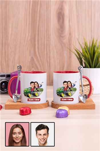 Çiftlere Özel Hediye Traktör Temalı Karikatürlü İkili Ahşap Altlıklı İçi Renkli Kupa Bardak