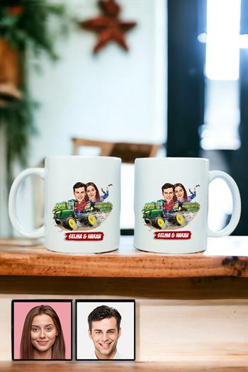 Çiftlere Özel Hediye Traktör Temalı Karikatürlü İkili Beyaz Kupa Bardak