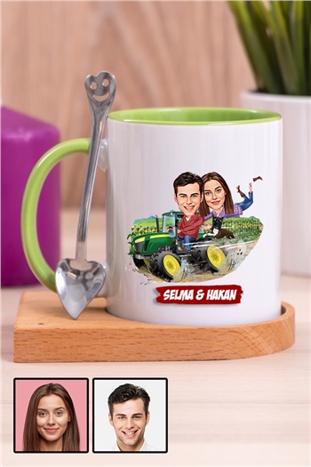 Çiftlere Özel Hediye Traktör Temalı Karikatürlü Ahşap Altlıklı İçi Renkli Kupa Bardak