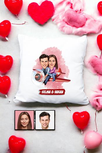 Çiftlere Özel Hediye Uçak Temalı Karikatürlü Yastık