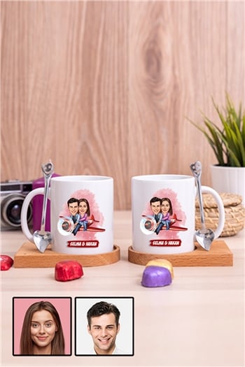 Çiftlere Özel Hediye Uçak Temalı Karikatürlü İkili Ahşap Altlıklı Beyaz Kupa Bardak
