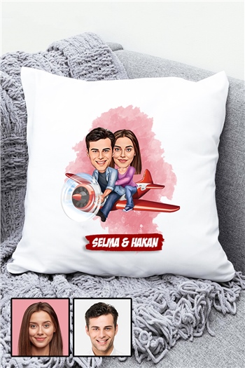 Çiftlere Özel Hediye Uçak Temalı Karikatürlü Yastık