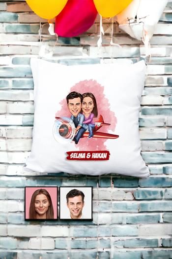 Çiftlere Özel Hediye Uçak Temalı Karikatürlü Yastık