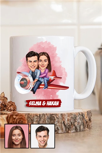 Çiftlere Özel Hediye Uçak Temalı Karikatürlü Beyaz Kupa Bardak