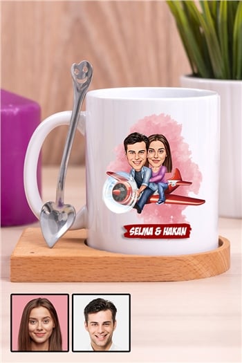 Çiftlere Özel Hediye Uçak Temalı Karikatürlü Ahşap Altlıklı Beyaz Kupa Bardak