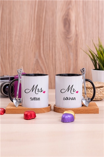 Çiftlere Özel İkili Ahşap Altlıklı İçi Renkli Kupa Bardak