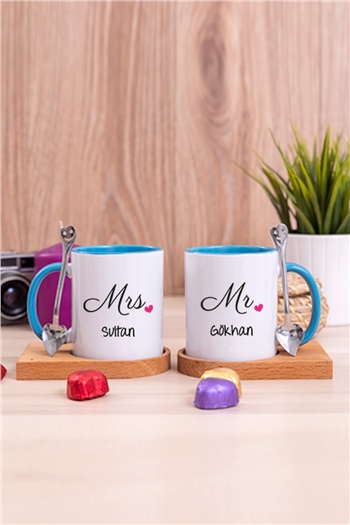 Çiftlere Özel İkili Ahşap Altlıklı İçi Renkli Kupa Bardak