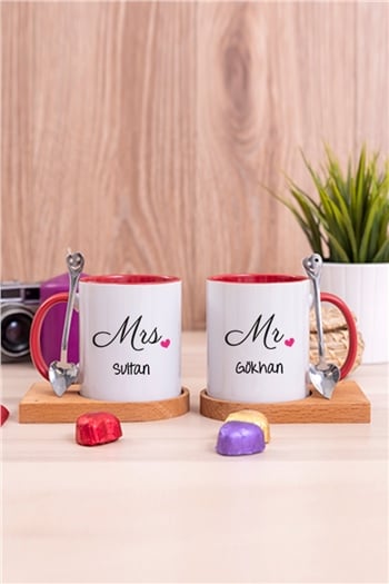 Çiftlere Özel İkili Ahşap Altlıklı İçi Renkli Kupa Bardak