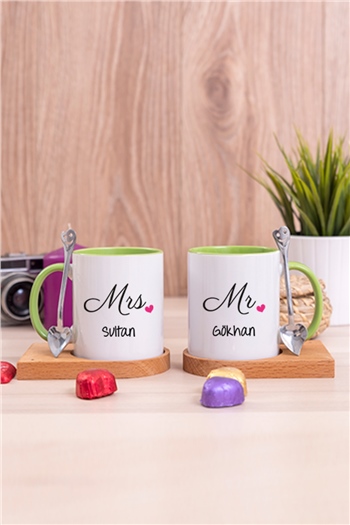 Çiftlere Özel İkili Ahşap Altlıklı İçi Renkli Kupa Bardak