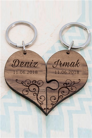 Sevgiliye Hediye Birbirini Tamamlayan Kalpler İkili Ahşap Anahtarlık