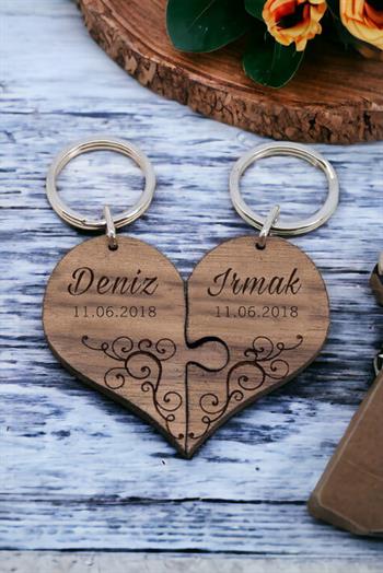Sevgiliye Hediye Birbirini Tamamlayan Kalpler İkili Ahşap Anahtarlık