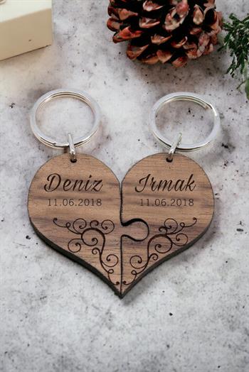 Sevgiliye Hediye Birbirini Tamamlayan Kalpler İkili Ahşap Anahtarlık